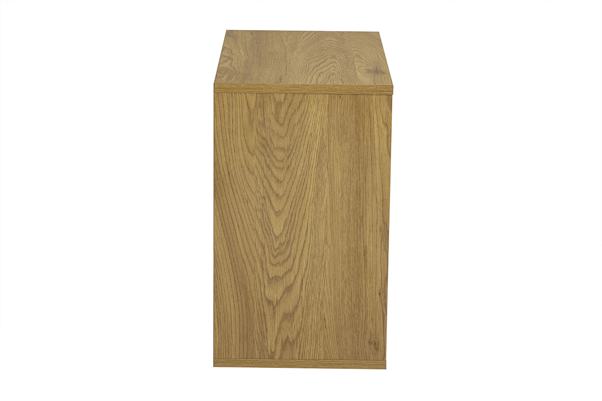 Rangement mural en bois clair ch�ne, vue de profil, finition blanche, dimensions L55 x P30 x H50 cm.