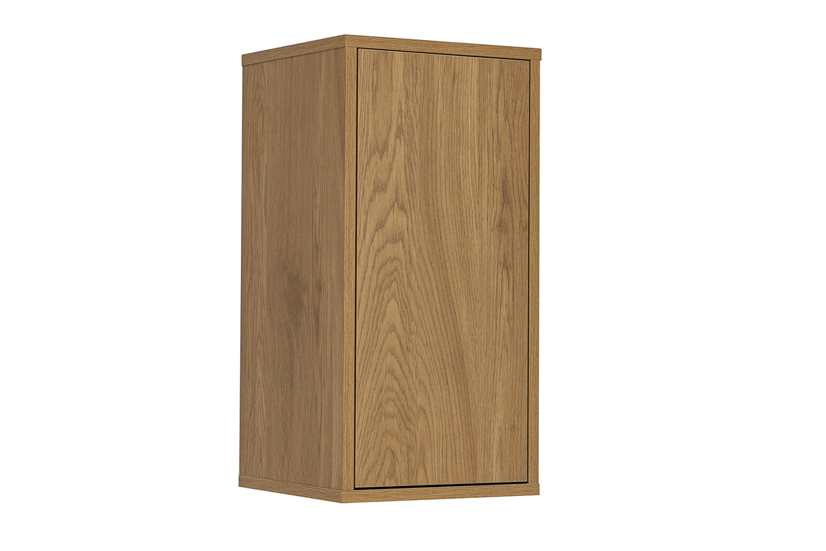 Rangement mural en bois clair ch�ne, format vertical, vue de 3/4, dimensions L30 x P30 x H60 cm.