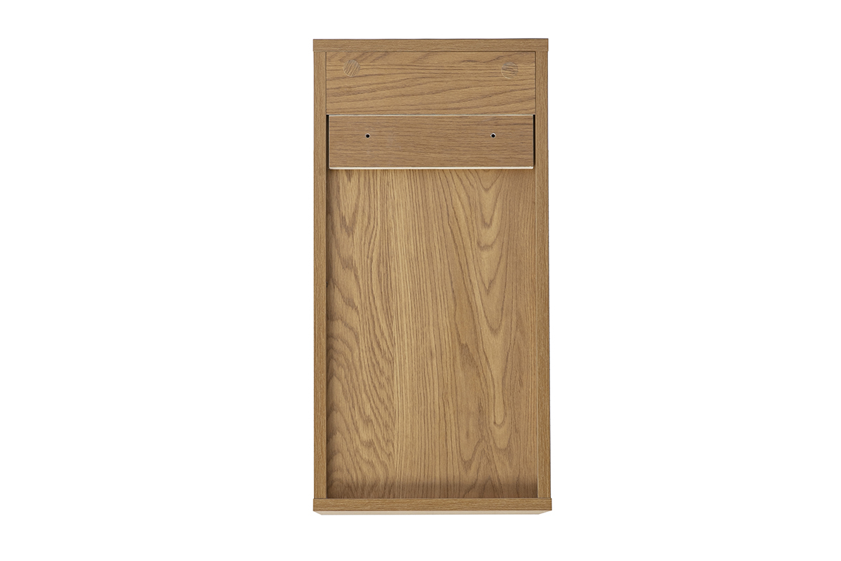 Rangement mural finition bois clair ch�ne, vue de dos, format vertical, dimensions L30 x P30 x H60 cm.
