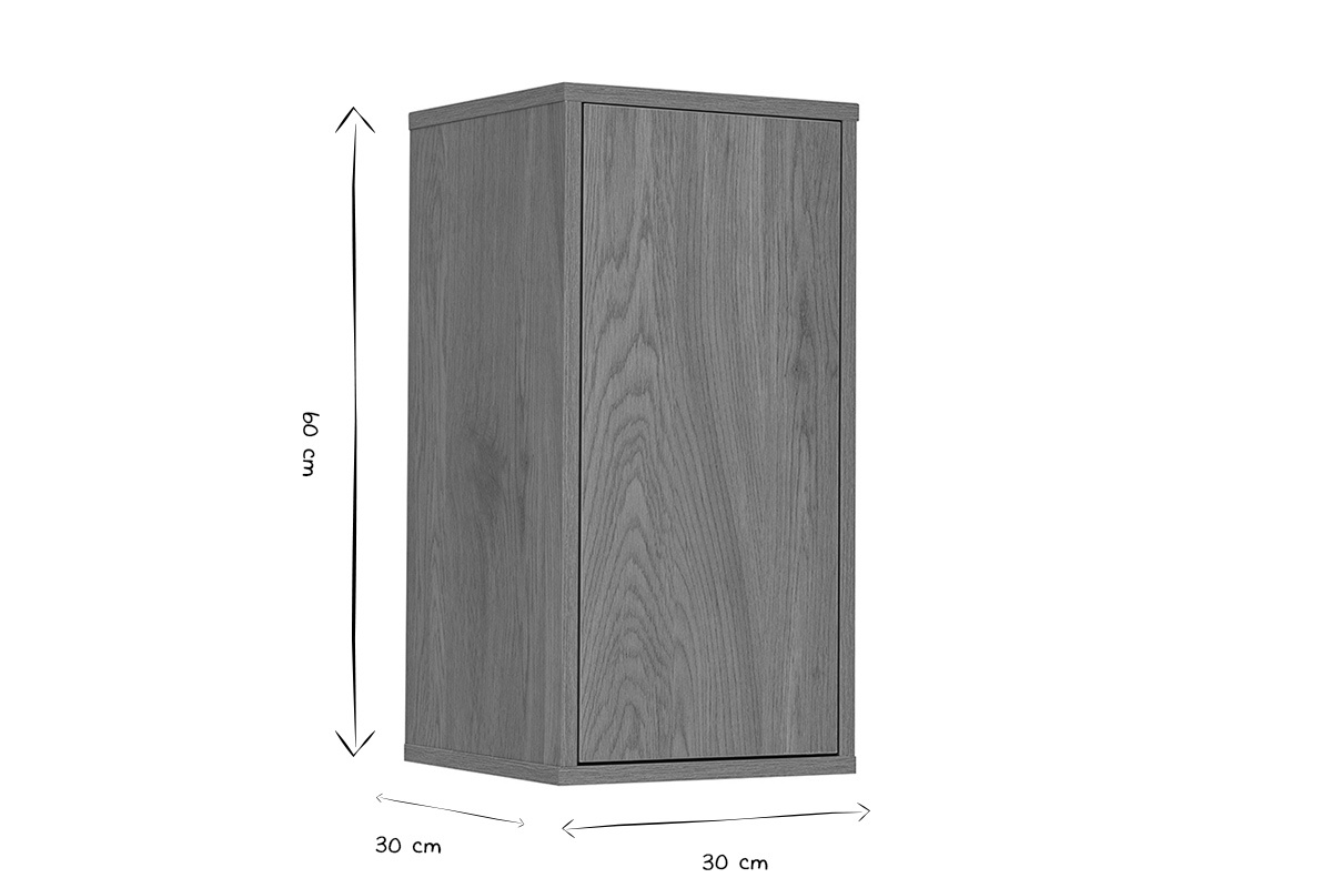 Dimensions du rangement mural L30 cm FLEXO : H60 cm, P30 cm, en noir et blanc.
