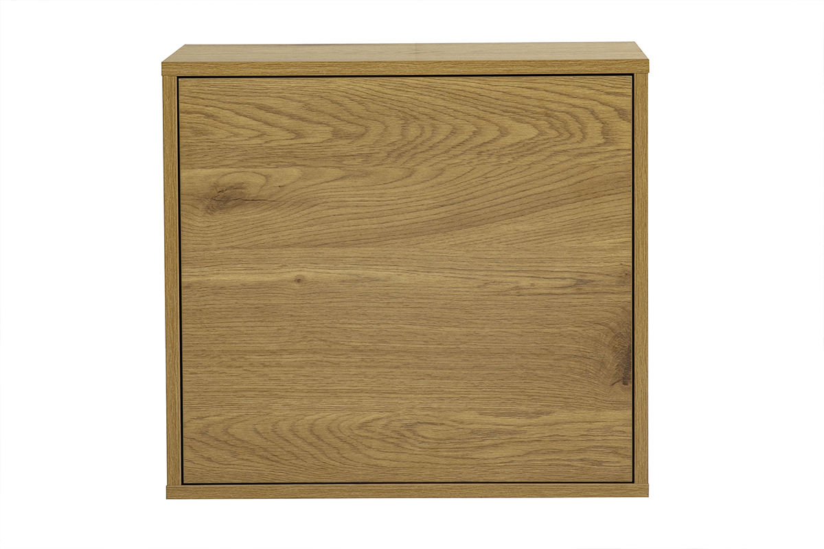 Rangement mural en bois clair ch�ne, vue de face, dimensions L55 x P30 x H50 cm.