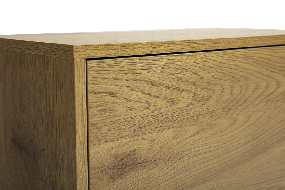 D�tail du rangement mural en ch�ne clair FLEXO, vue du dessus � angle rapproch�.
