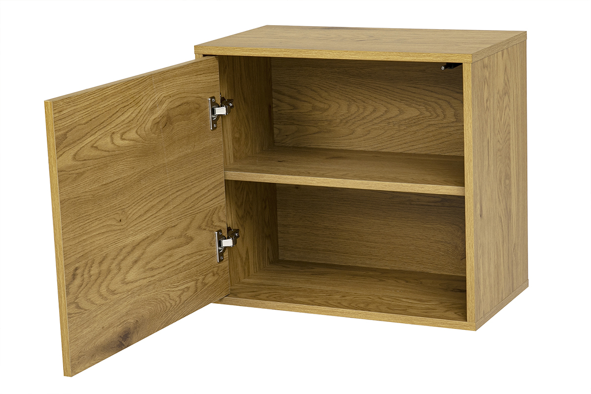 Rangement mural FLEXO en bois clair ch�ne, avec une porte ouverte et deux �tag�res.