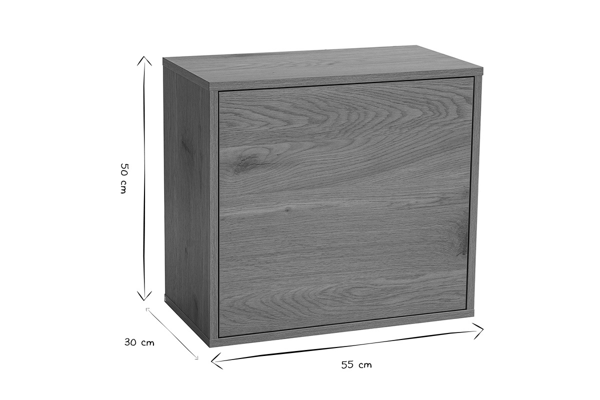 Dimensions du rangement mural FLEXO en noir et blanc, L55 cm, P30 cm, H50 cm.