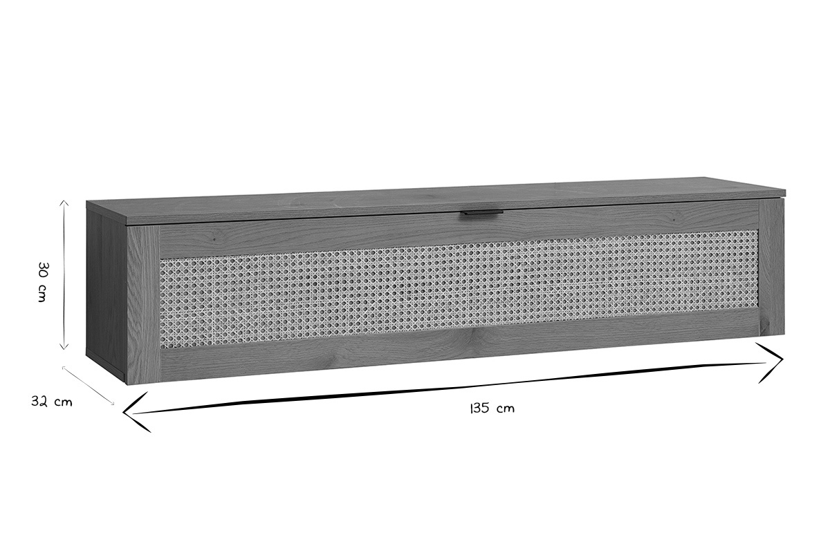 Meuble mural MANILLE en bois clair et cannage rotin, dimensions indiqu�es de 135 x 32 x 30 cm, en noir et blanc.