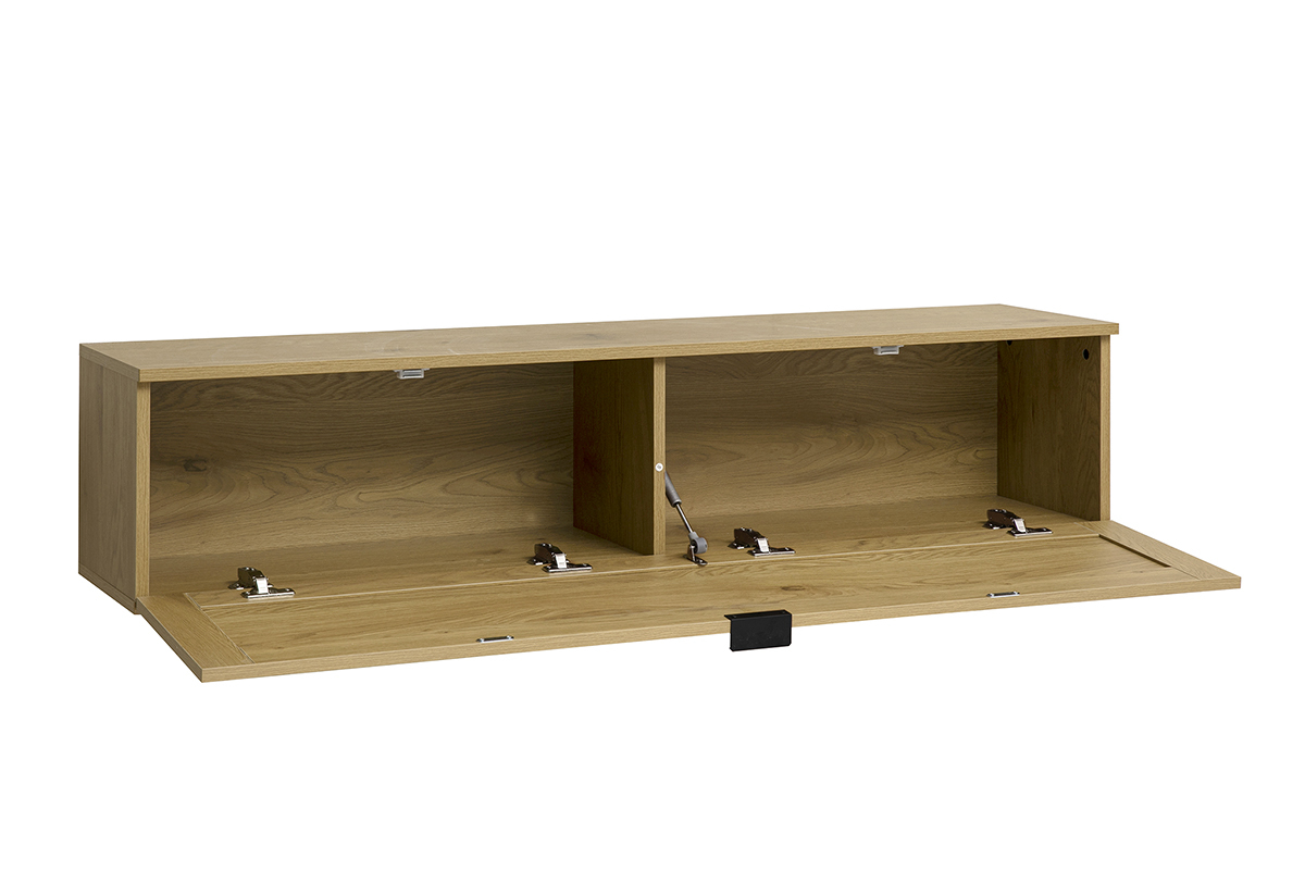 Rangement mural bois clair avec porte ouverte, vue de 3/4.