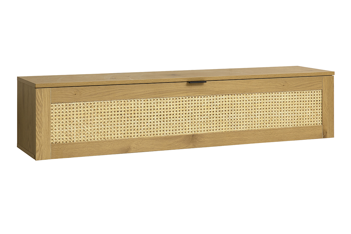 Rangement mural bois clair et cannage rotin 1 porte, vue de 3/4.