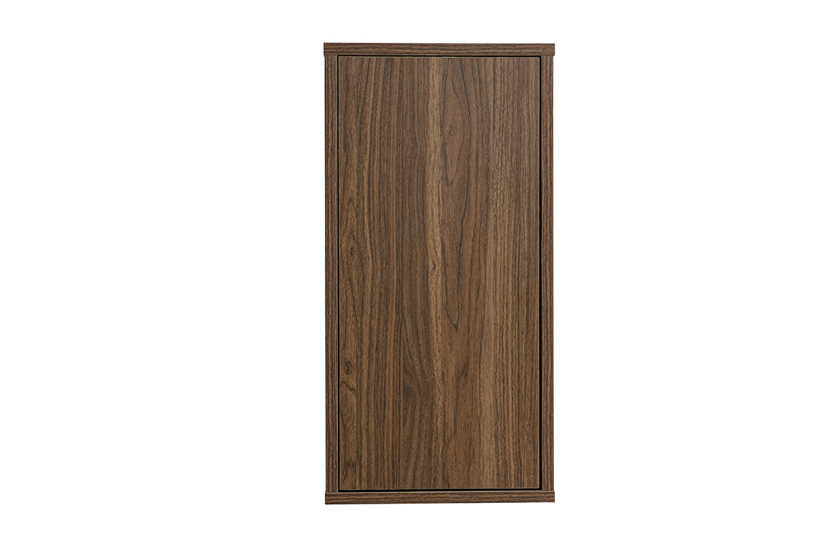 Rangement mural finition bois fonc� noyer, vue de face, dimensions L30 x P30 x H60 cm.