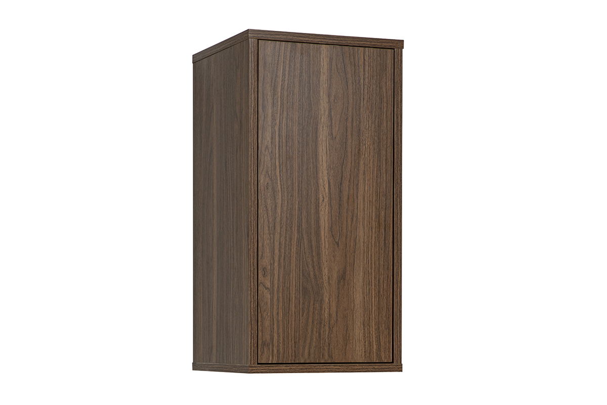 Rangement mural en bois fonc� noyer, vue de 3/4, dimensions L30 x P30 x H60 cm.