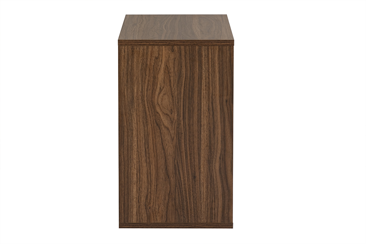 Rangement mural FLEXO en bois fonc� noyer, vue de profil, dimensions L55 x P30 x H50 cm.