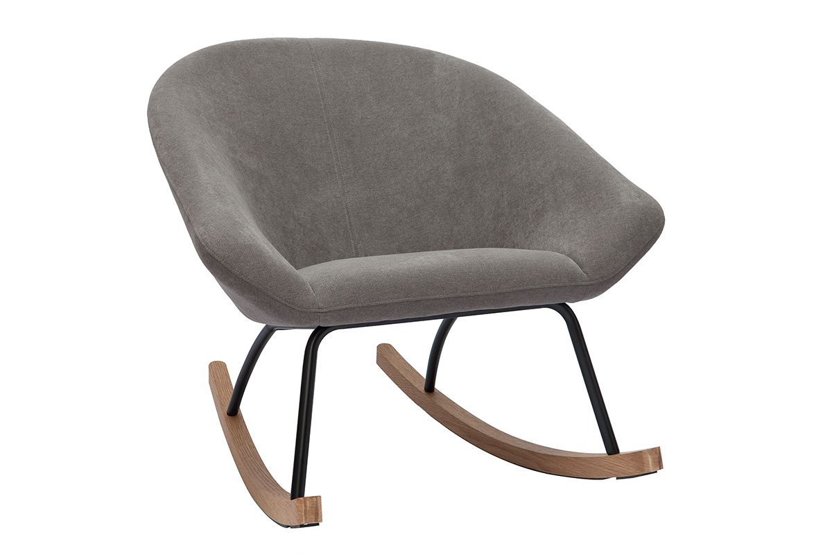 Rocking chair design en tissu effet velours gris, m�tal noir et bois clair KOK