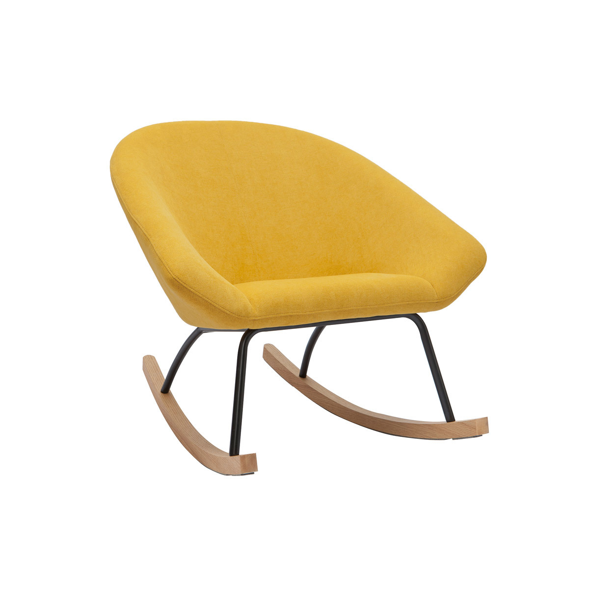 Rocking chair design en tissu effet velours jaune moutarde, métal noir et bois clair KOK vue1