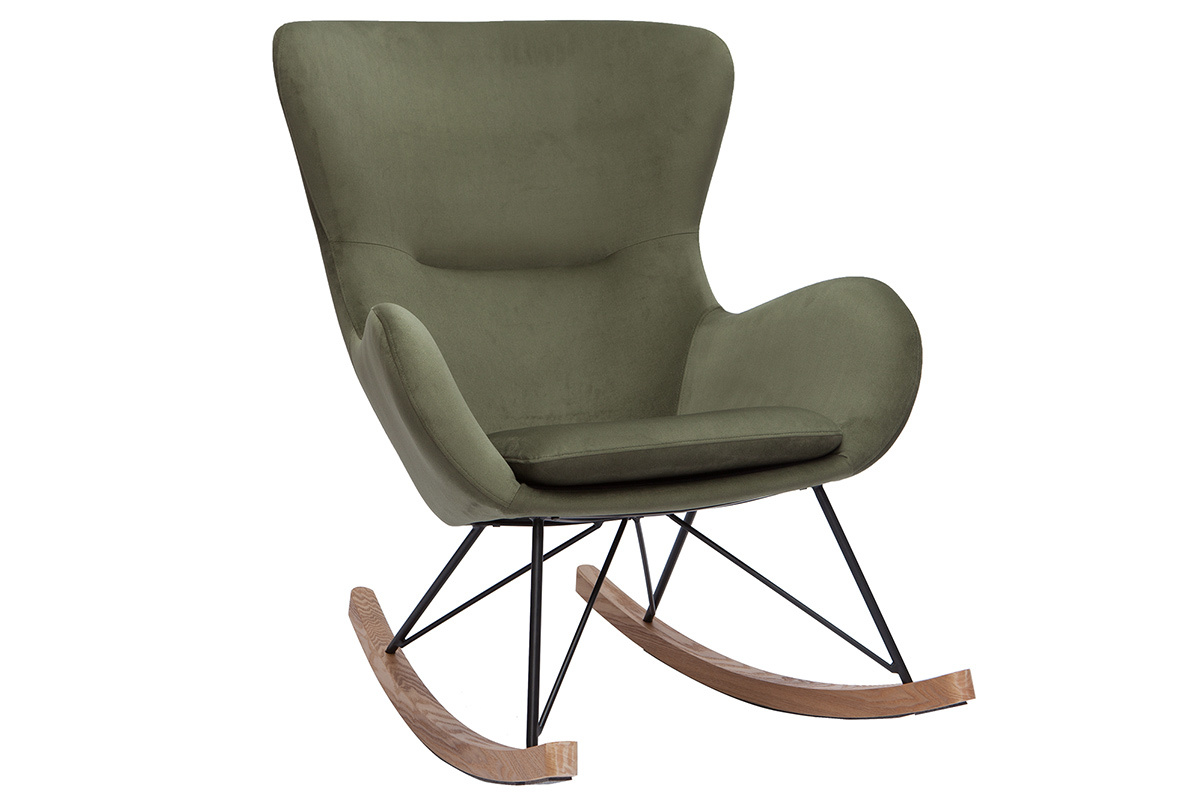 Rocking chair design en tissu effet velours kaki, m�tal noir et bois clair ESKUA