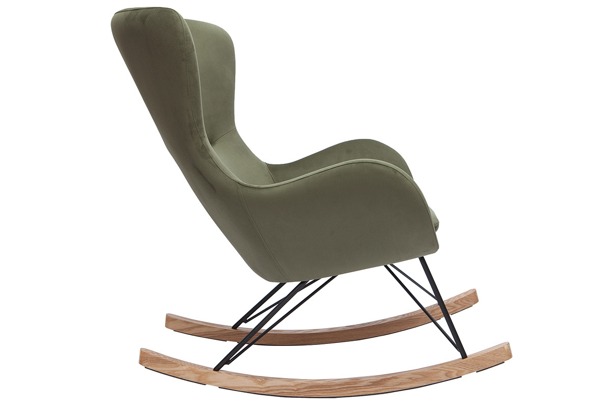 Rocking chair design en tissu effet velours kaki, m�tal noir et bois clair ESKUA