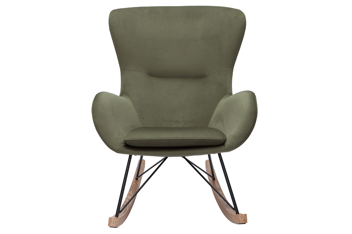 Rocking chair design en tissu effet velours kaki, m�tal noir et bois clair ESKUA