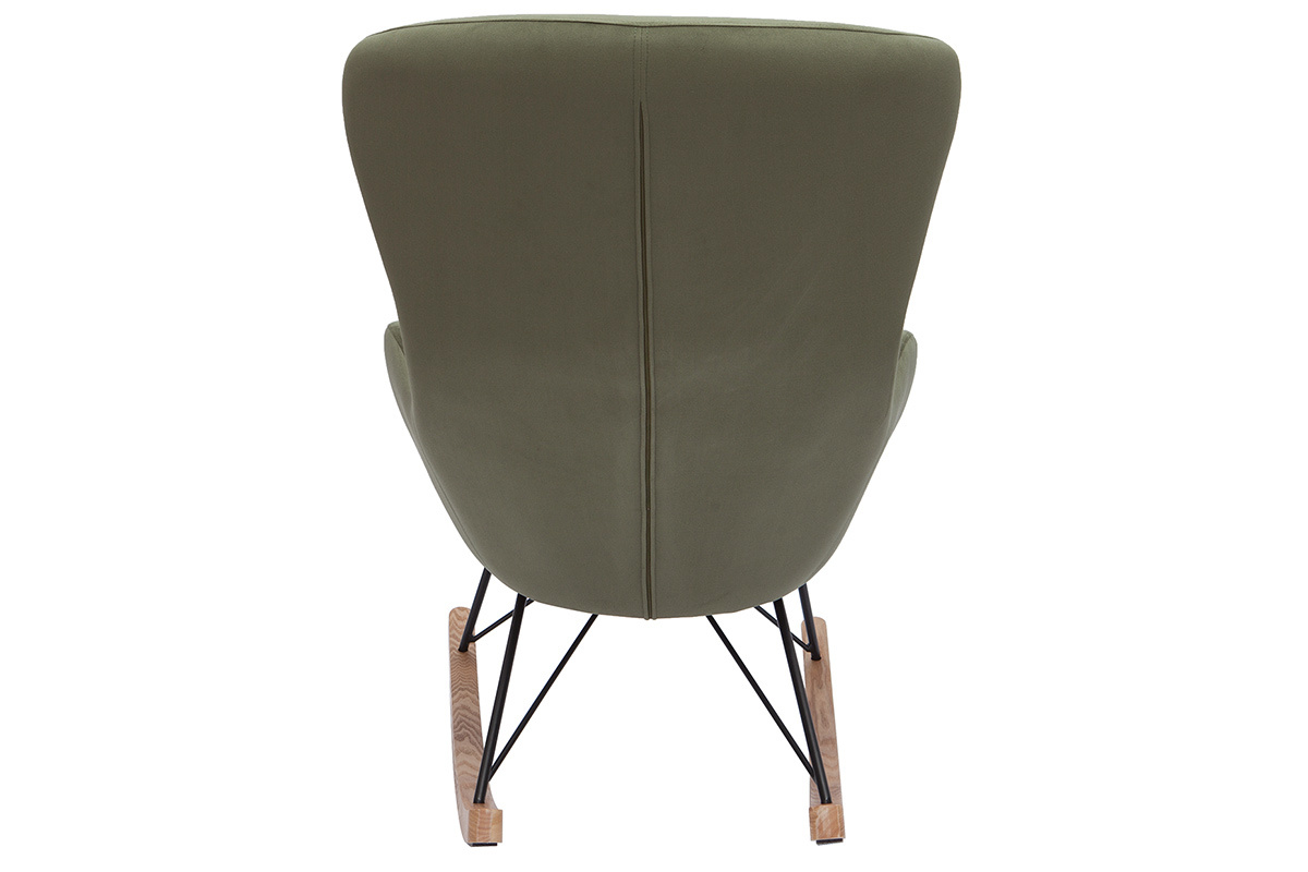 Rocking chair design en tissu effet velours kaki, m�tal noir et bois clair ESKUA