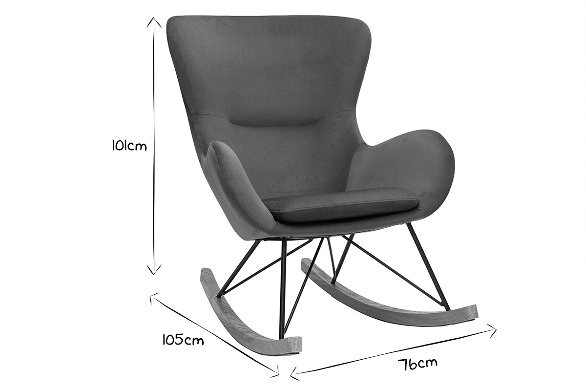 Rocking chair design en tissu effet velours kaki, m�tal noir et bois clair ESKUA