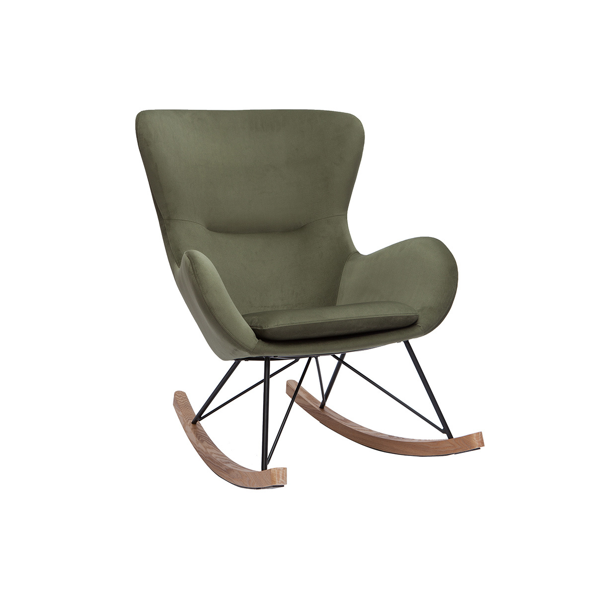 Rocking chair design en tissu effet velours kaki, métal noir et bois clair ESKUA vue1