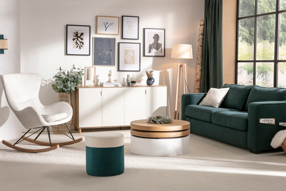 Rocking chair design en tissu velours bleu canard, mtal noir et bois clair ESKUA