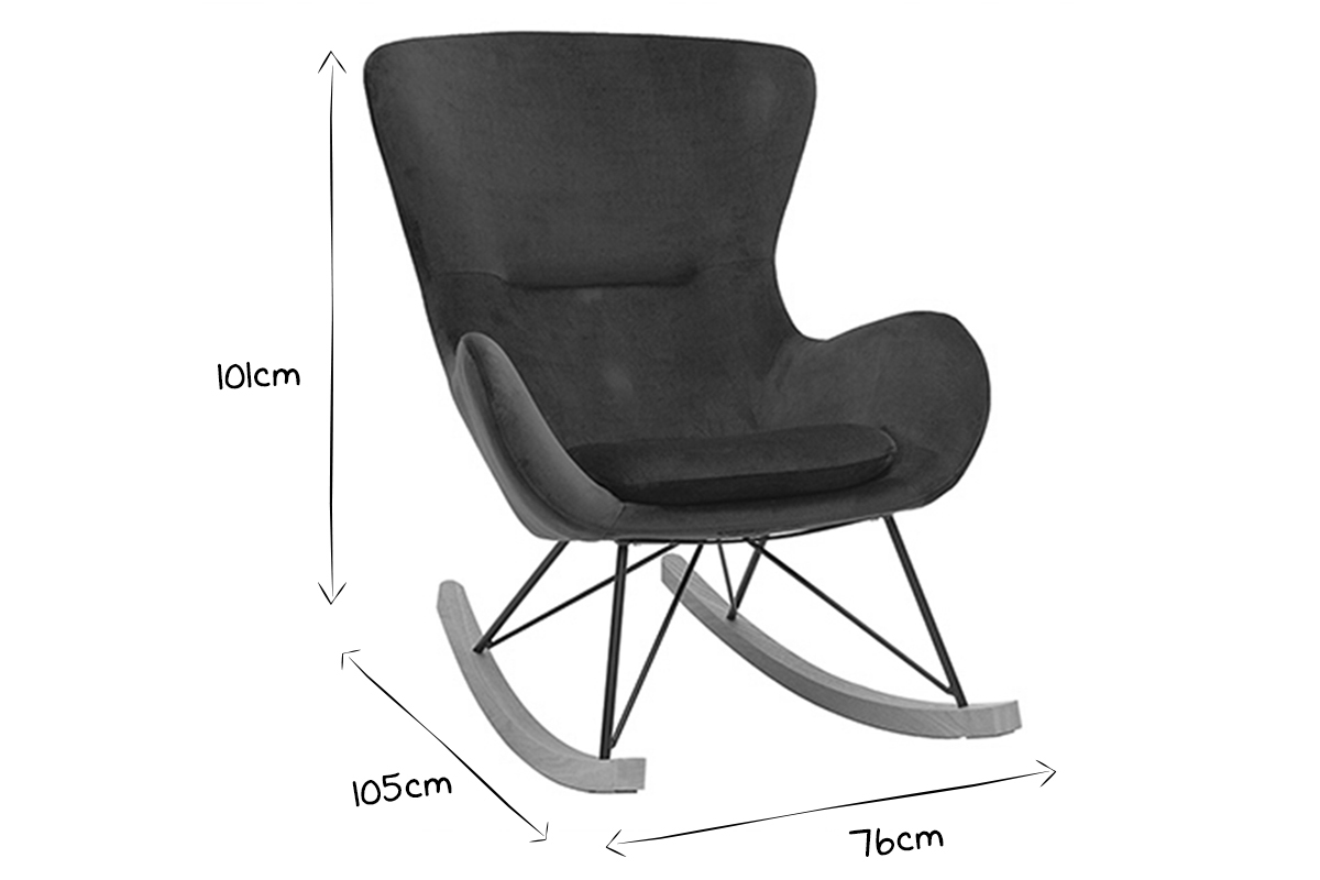 Rocking chair design en tissu velours bleu canard, mtal noir et bois clair ESKUA