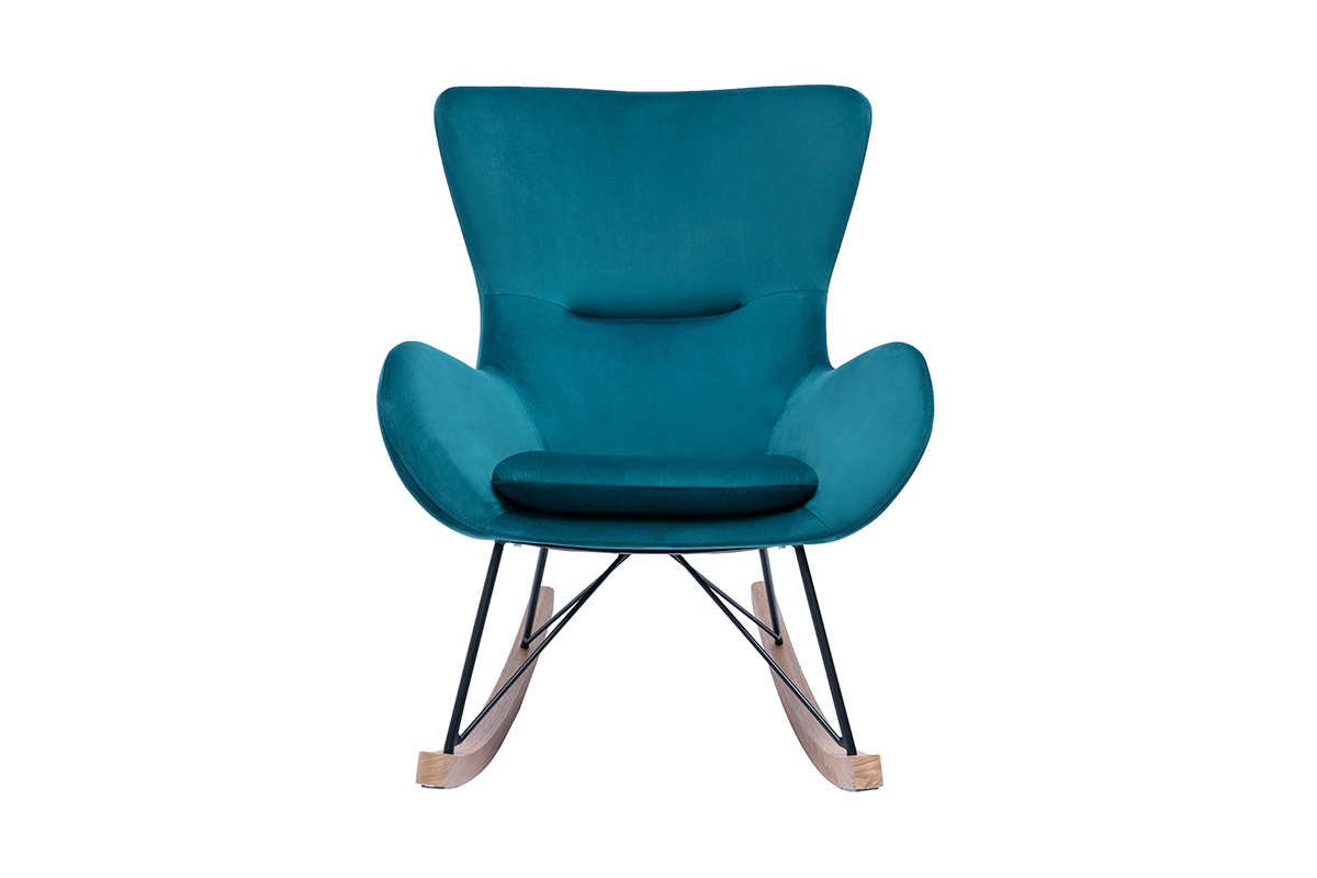 Rocking chair design en tissu velours bleu canard, mtal noir et bois clair ESKUA