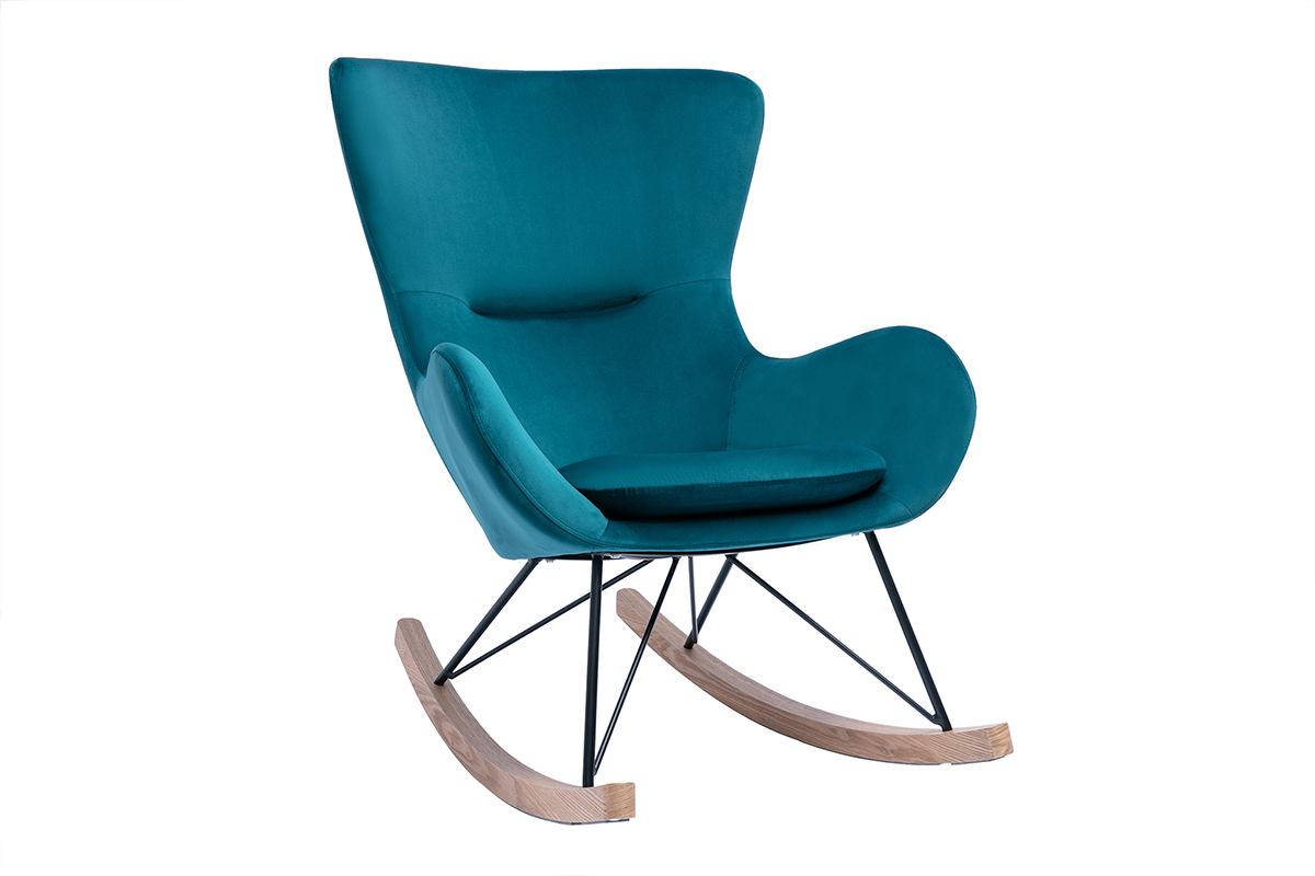 Rocking chair design en tissu velours bleu canard, mtal noir et bois clair ESKUA