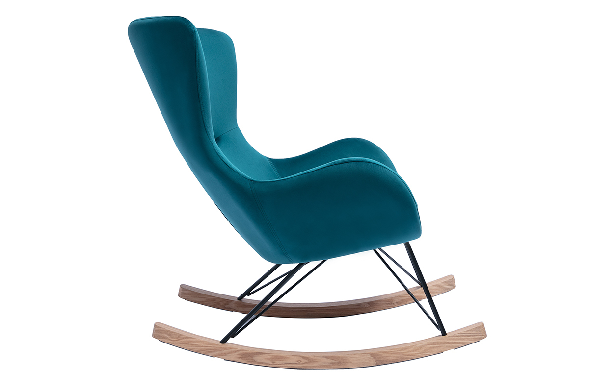Rocking chair design en tissu velours bleu canard, mtal noir et bois clair ESKUA