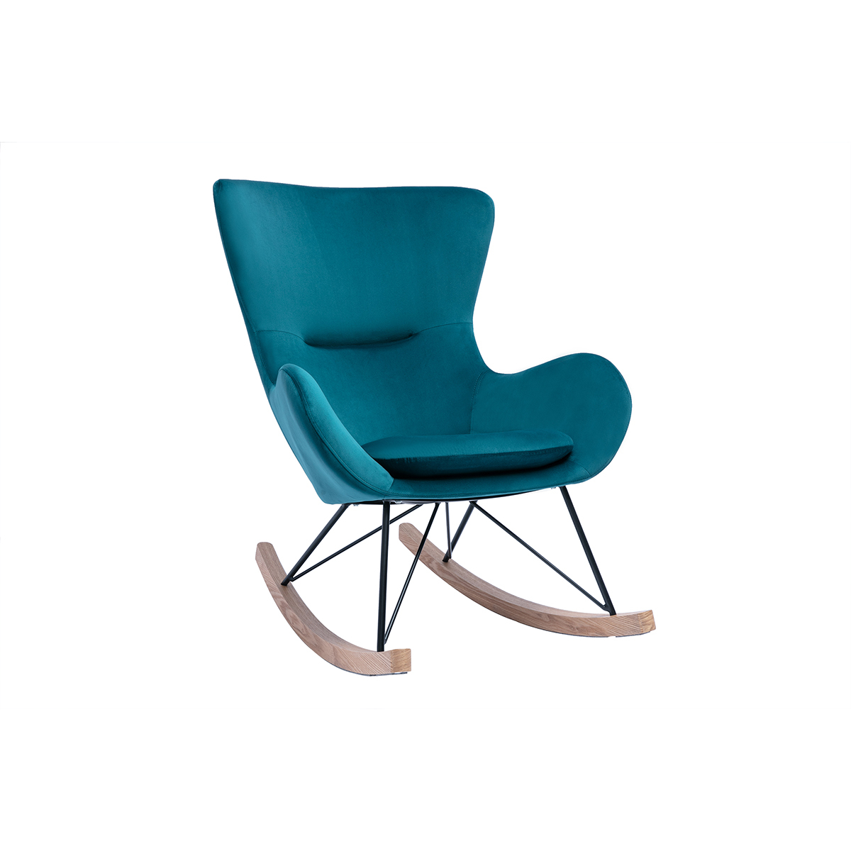 Rocking chair design en tissu velours bleu canard, métal noir et bois clair ESKUA Rocking chair design en tissu velours bleu canard, métal noir et bois clair ESKUA