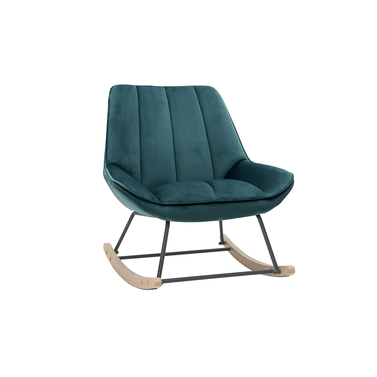 Rocking chair design en tissu velours bleu pétrole, métal noir et bois clair BILLIE vue1