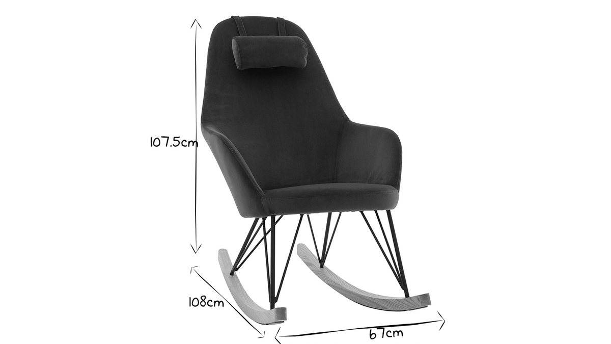 Rocking chair design en tissu velours gaufré bleu canard, métal noir et bois clair JHENE