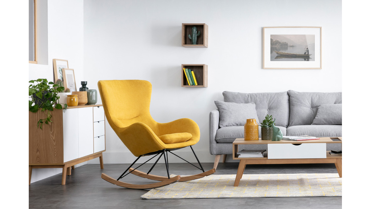 Rocking chair design tissu effet velours jaune moutarde ESKUA