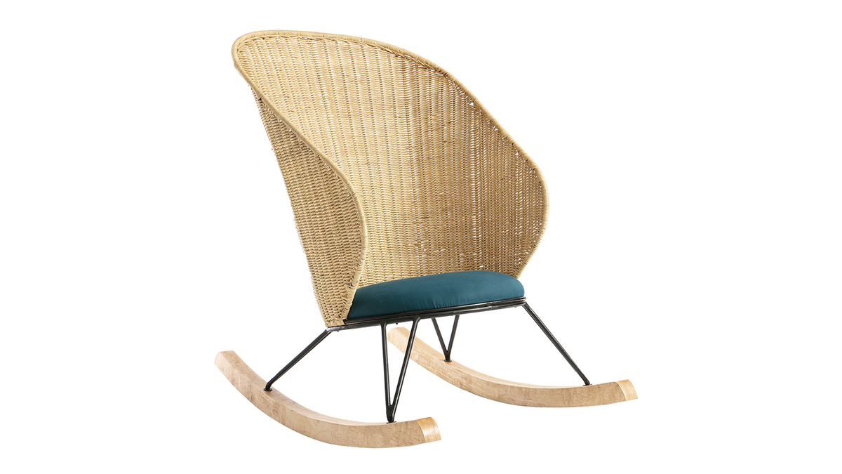 Rocking chair en rotin et tissu bleu pétrole ROBIN - Miliboo