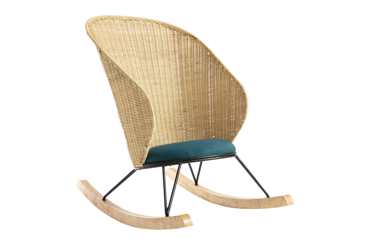 Rocking chair en rotin et tissu bleu p�trole ROBIN
