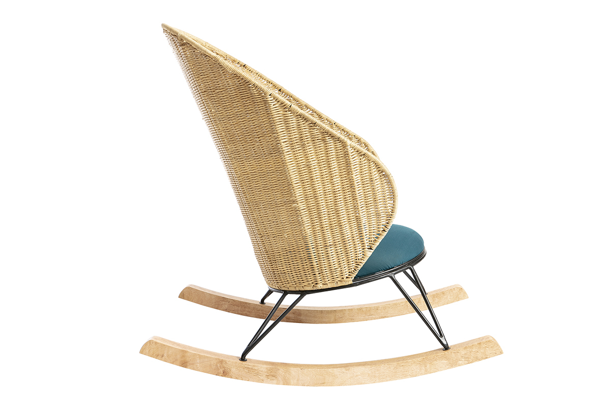 Rocking chair en rotin et tissu bleu p�trole ROBIN