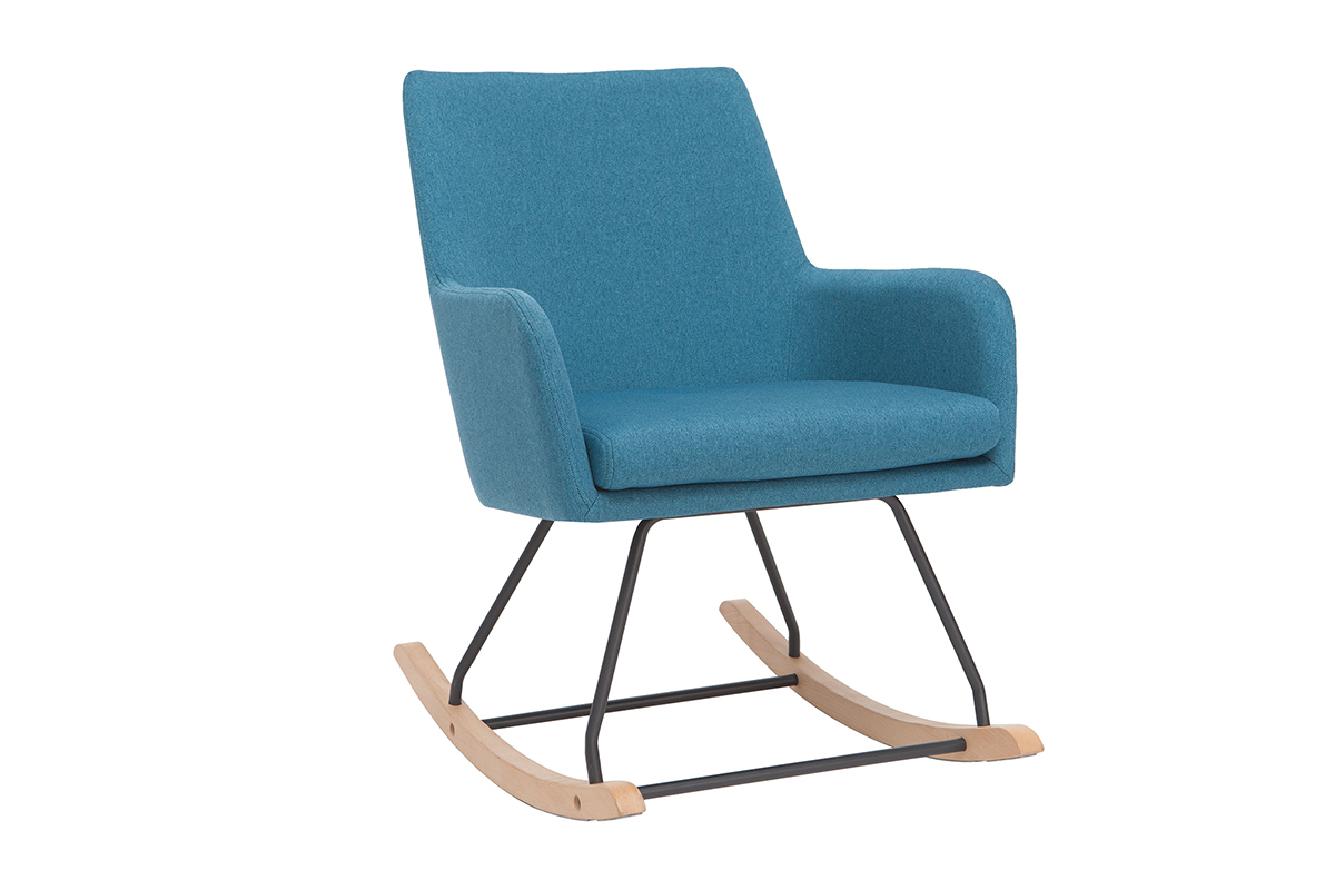 Rocking chair en tissu bleu canard, m�tal noir et bois clair SHANA