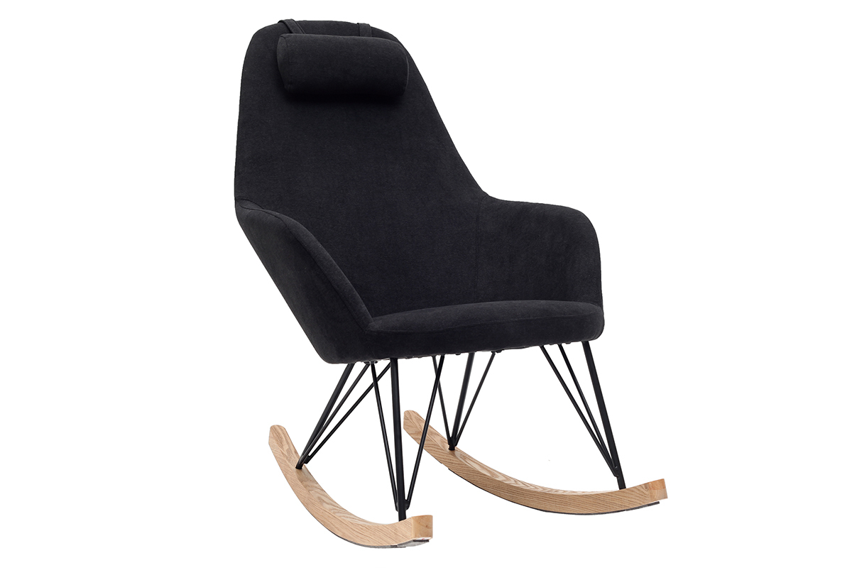 Rocking chair en tissu effet velours noir avec pieds m�tal et fr�ne JHENE