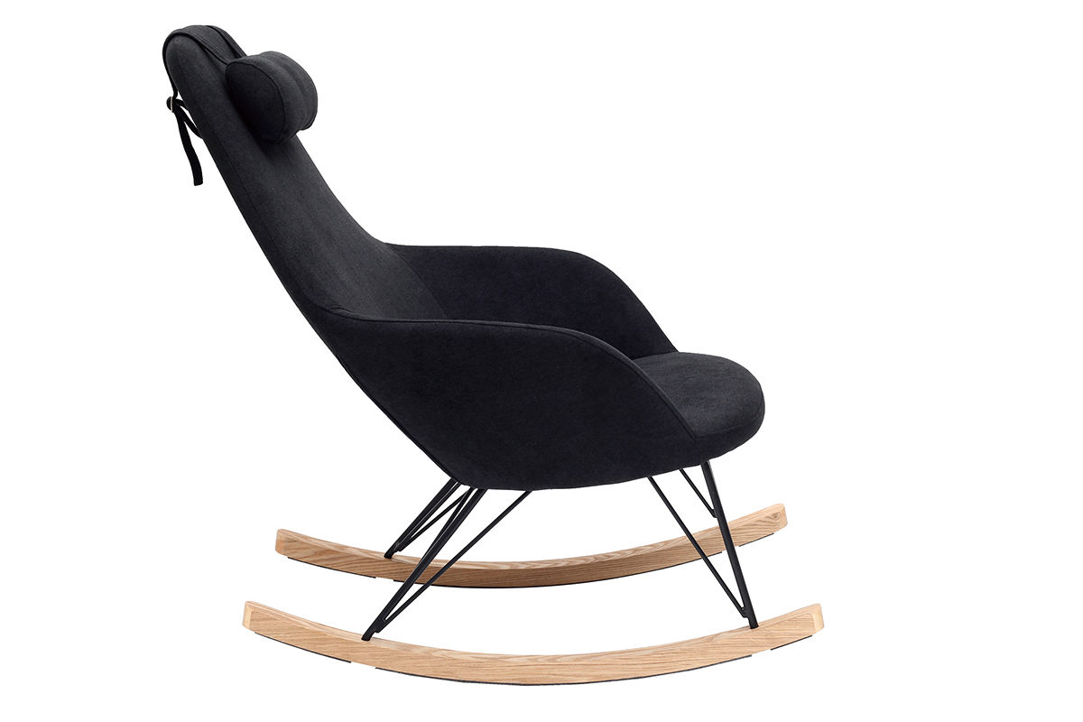 Rocking chair en tissu effet velours noir avec pieds m�tal et fr�ne JHENE