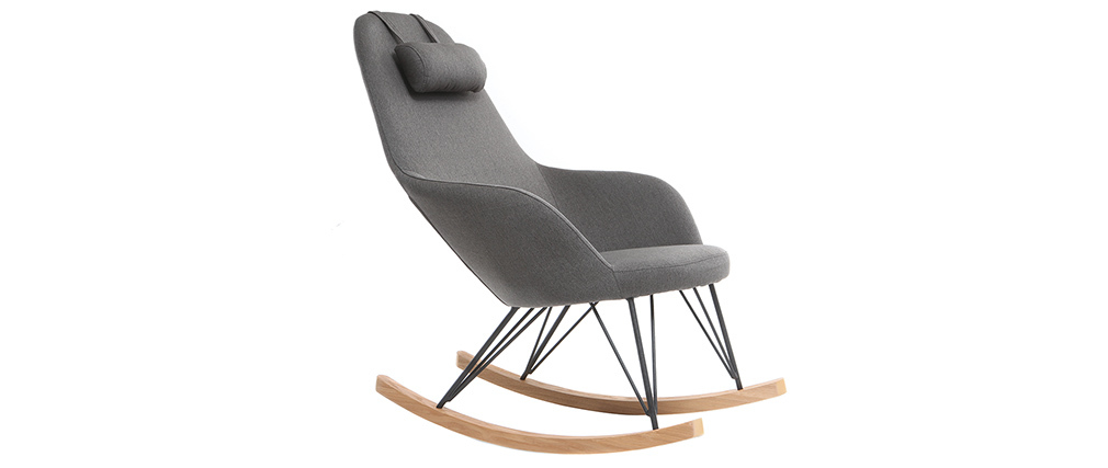 Rocking chair en tissu gris fonc� avec pieds m�tal et fr�ne JHENE