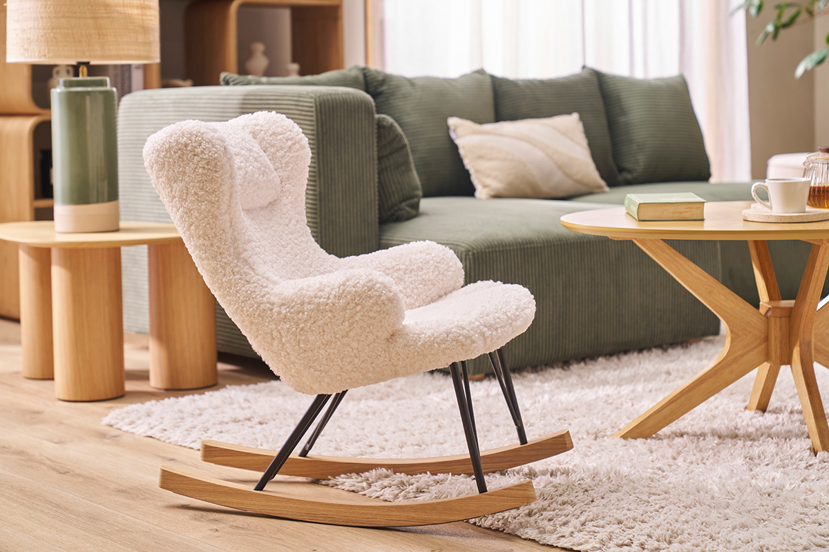 Rocking chair enfant en tissu effet peau de mouton blanc, mtal noir et bois clair SHAUN