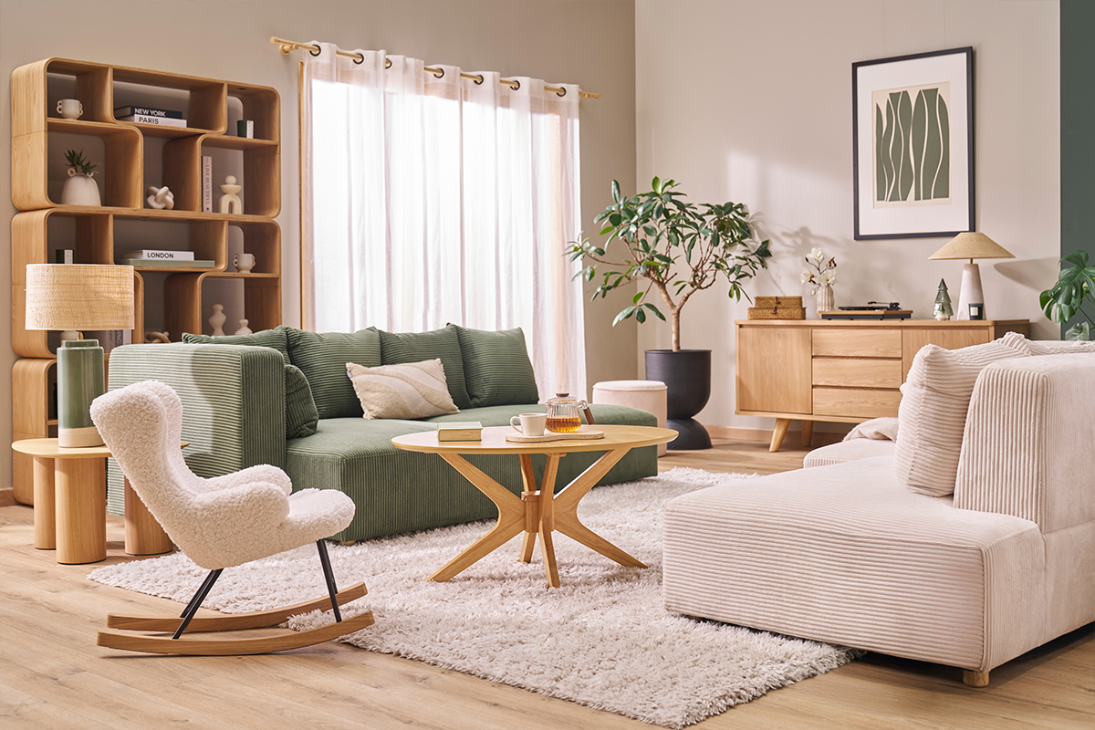 Rocking chair enfant en tissu effet peau de mouton blanc, mtal noir et bois clair SHAUN