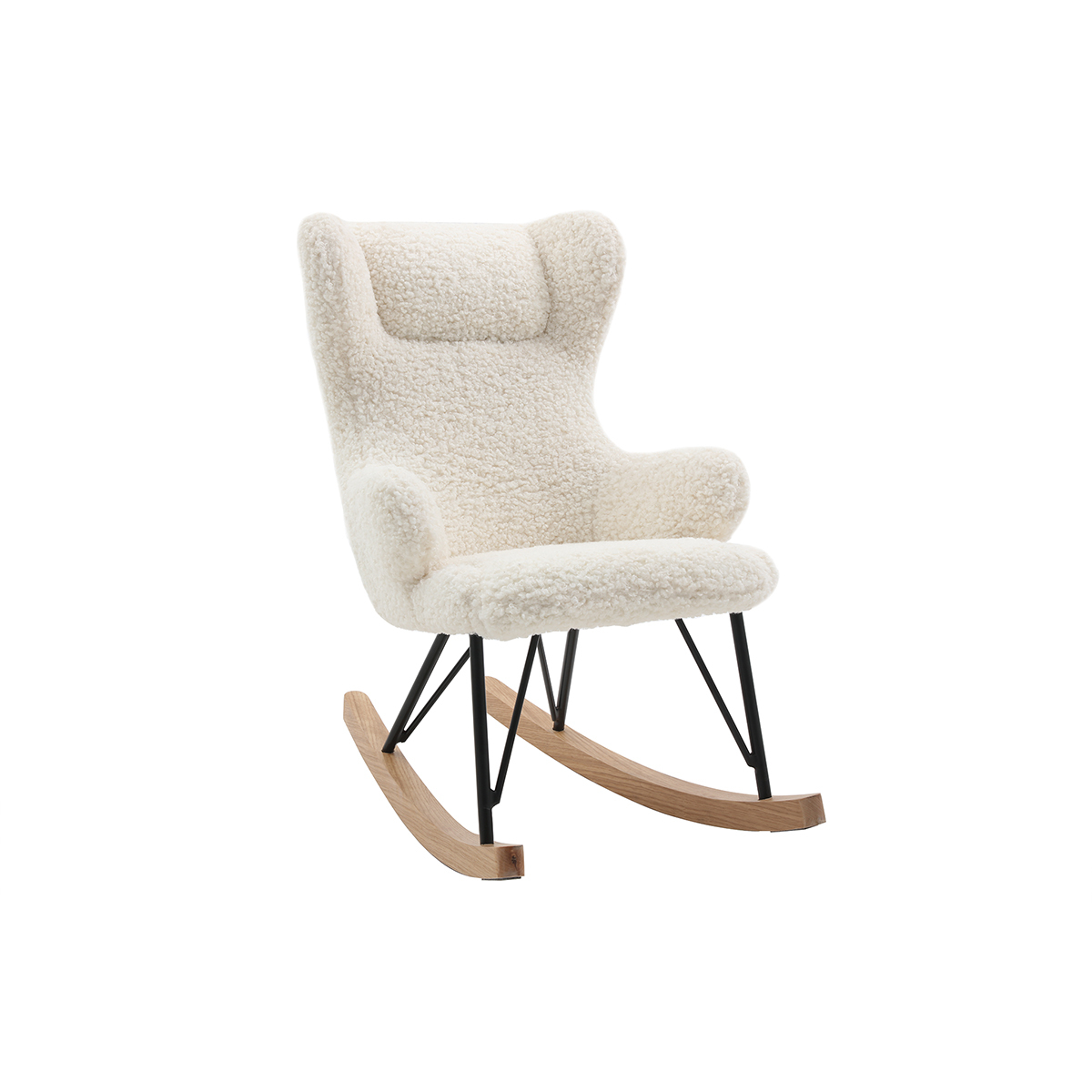 Rocking chair enfant en tissu effet peau de mouton blanc, métal noir et bois clair SHAUN Rocking chair enfant en tissu effet peau de mouton blanc, métal noir et bois clair SHAUN