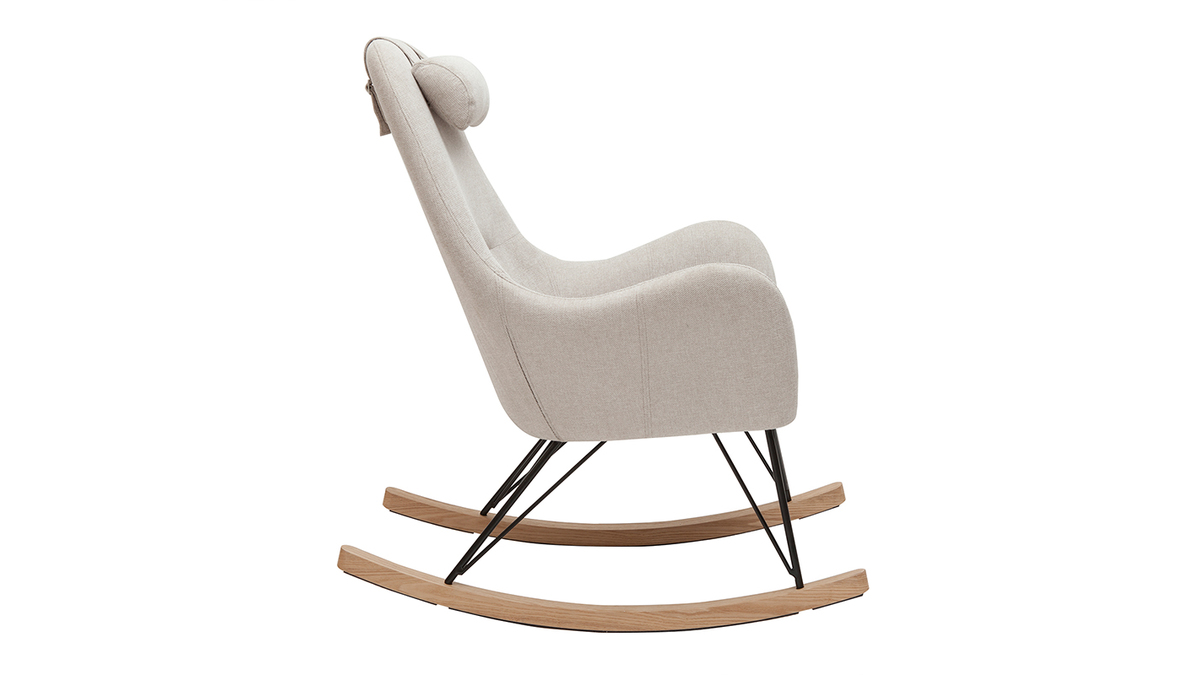 Rocking chair scandinave en tissu beige, métal noir et bois clair MANIA