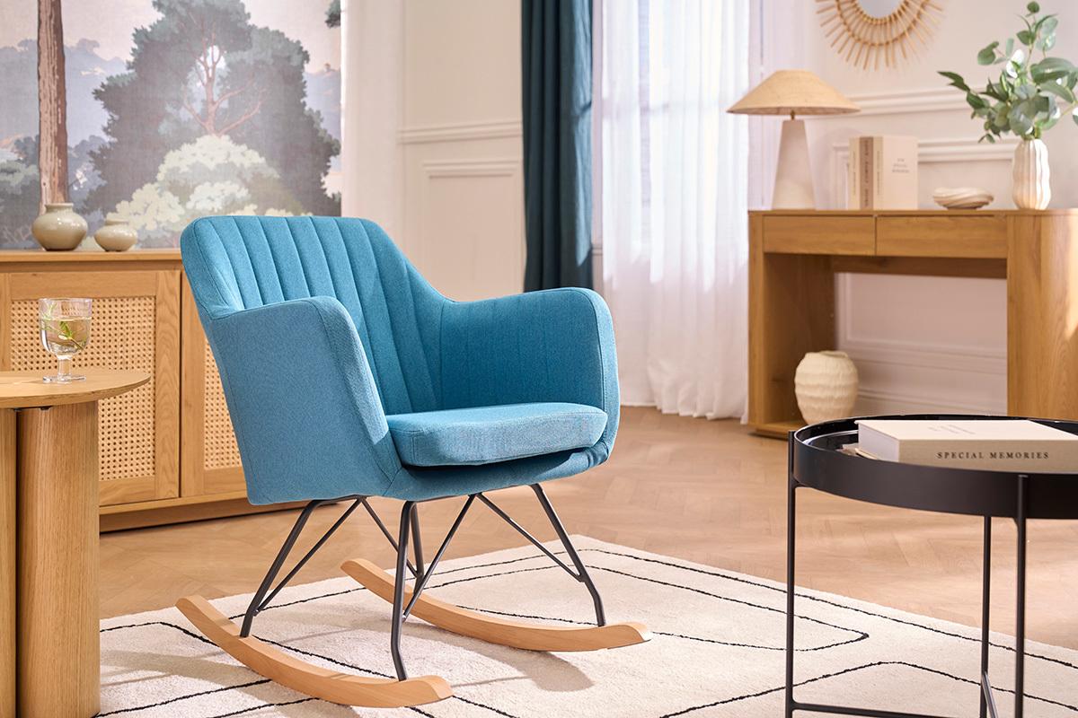 Rocking chair scandinave en tissu bleu canard, m�tal noir et bois clair ALEYNA