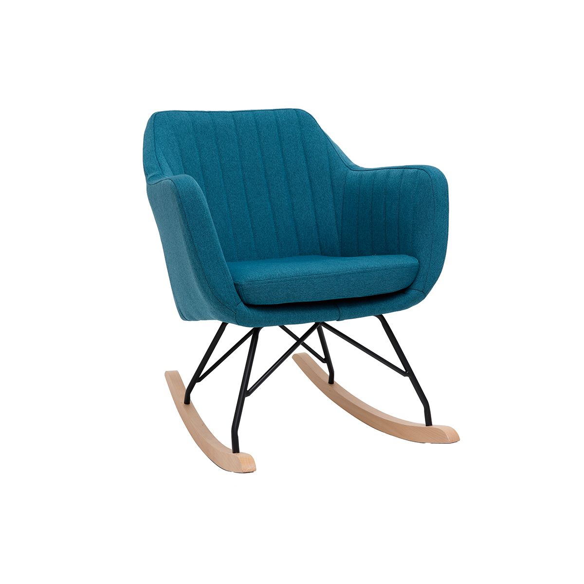 Rocking chair scandinave en tissu bleu canard, métal noir et bois clair ALEYNA vue1