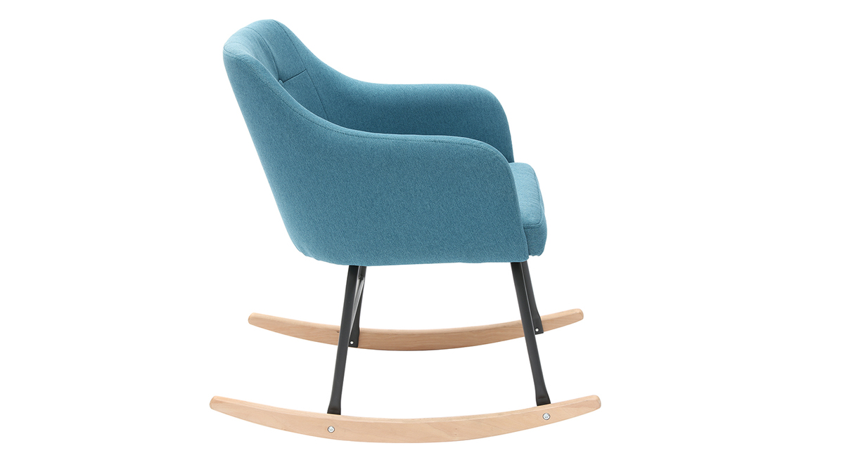Rocking chair scandinave en tissu bleu canard, métal noir et bois clair BALTIK - Miliboo & Stéphane Plaza