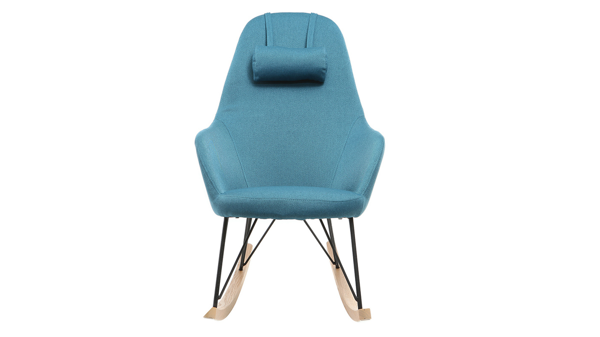 Rocking chair scandinave en tissu bleu canard, métal noir et bois clair JHENE