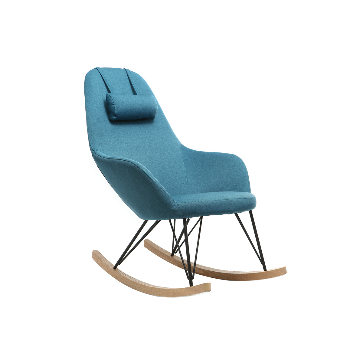 Rocking chair scandinave en tissu bleu canard, métal noir et bois clair JHENE vue1