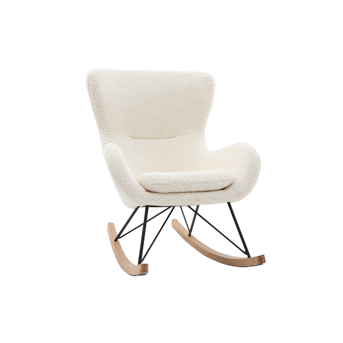Rocking chair scandinave en tissu effet peau de mouton blanc, métal noir et bois clair ESKUA Rocking chair scandinave en tissu effet peau de mouton blanc, métal noir et bois clair ESKUA