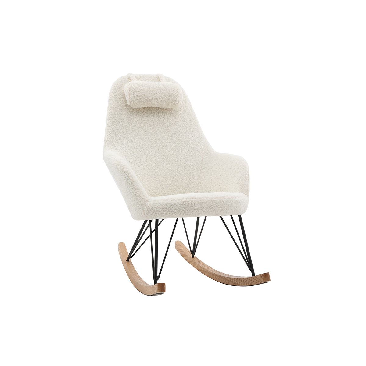 Rocking chair scandinave en tissu effet peau de mouton blanc, métal noir et bois clair JHENE Rocking chair scandinave en tissu effet peau de mouton blanc, métal noir et bois clair JHENE