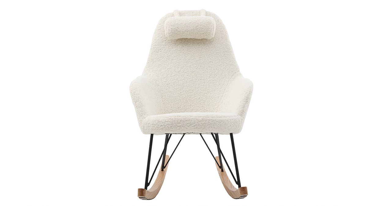 Rocking chair scandinave en tissu effet peau de mouton blanc, métal noir et bois clair JHENE - Miliboo & Stéphane Plaza